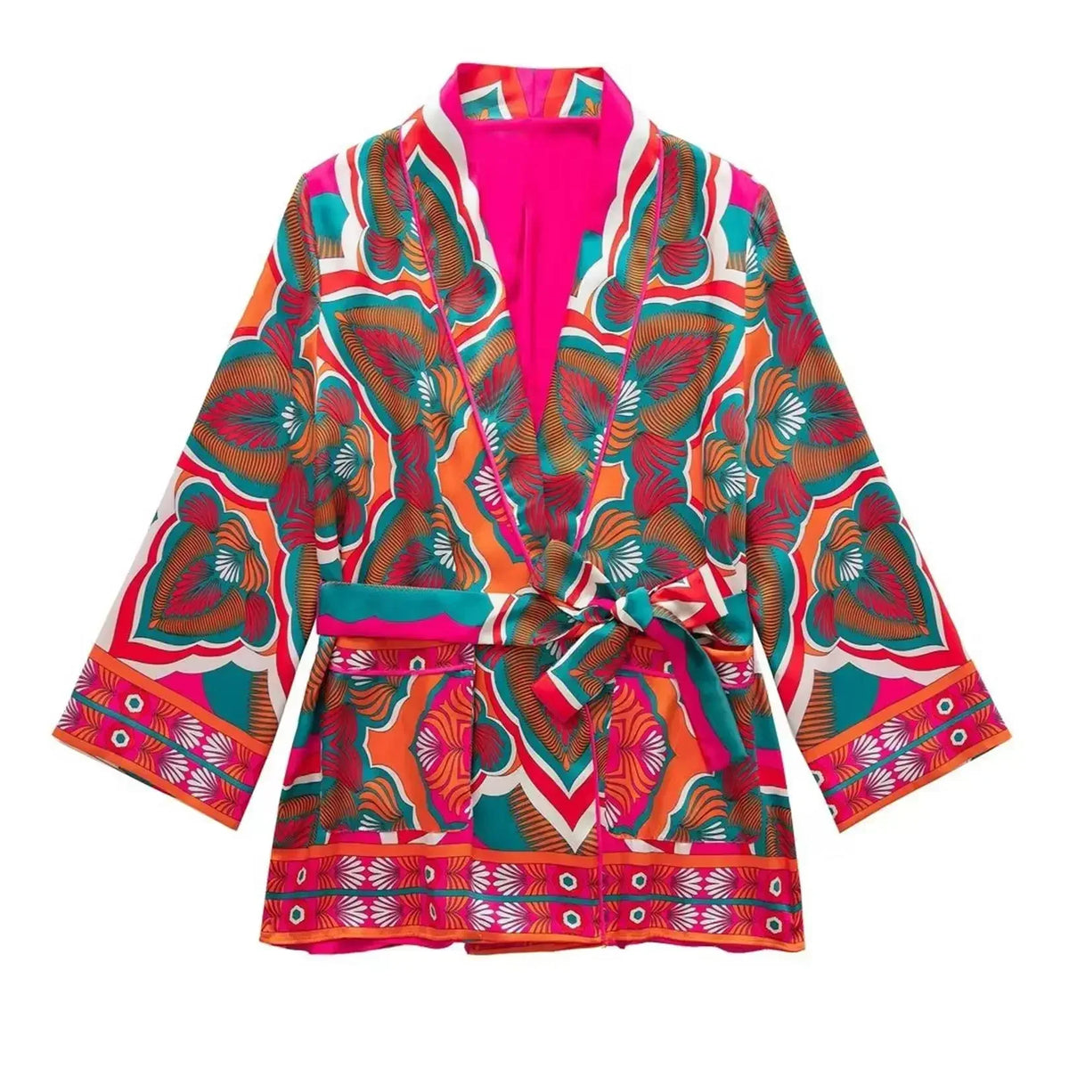 Women Fashion Print Pajamas Suit Autumn Shirts+Long Pants Set 2024 Female 2PCS Sets Casual Top With Belt Street Outwear Mujer