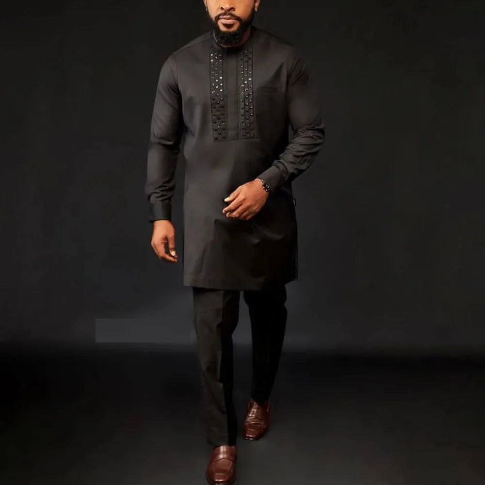 2024 Luxury Men's Suit Set Kaunda Suit Tuxedo Outfits Pocket Top Pants African Ethnic Wedding Gentleman 2pcs Sets Suit Outfits