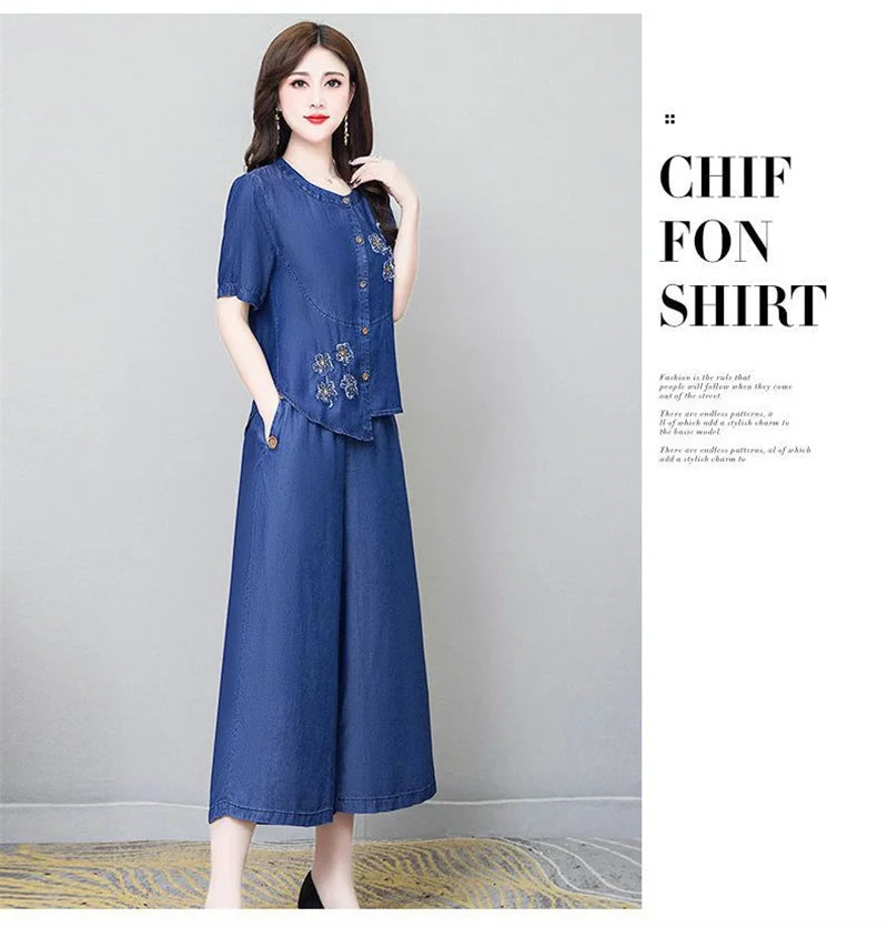 Ethnic Style Denim Wide Leg Pants Sets For Women Spring Summer NEW Embroidery Cowboy Jacket +Jeans Pants Suits Female Outfits