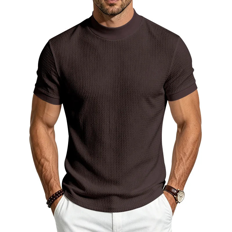 Men Summer Solid Jacquard Textured Mock Neck Short Sleeve T Shirt Slim Fit Simple Versatile Casual Daily Male Basic Tees