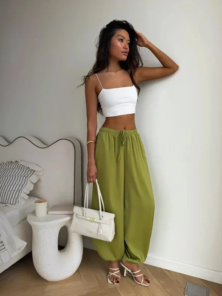 Solid Drapey Satin Loose Harem Pants Women Casual Elastic Waist Drawstring Design Long Pant 2026 Lady Commute Versatile Wear New