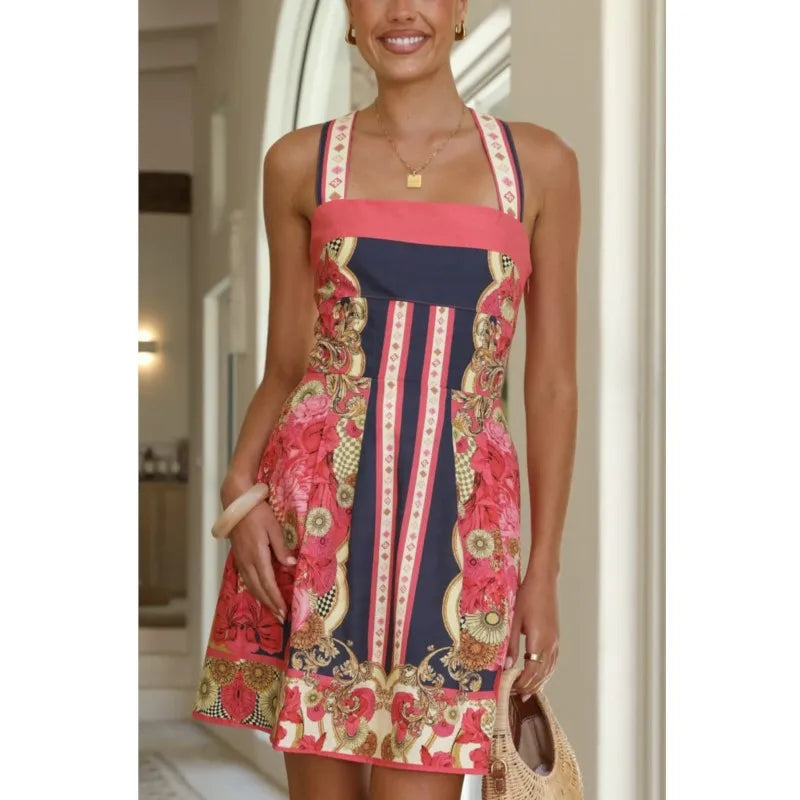 Sexy Elegant Tropical Printed Short Dress Women Spaghetti Strap Bodycon Mini Dresses 2026 Summer Dresses Beach Vacation Vestidos