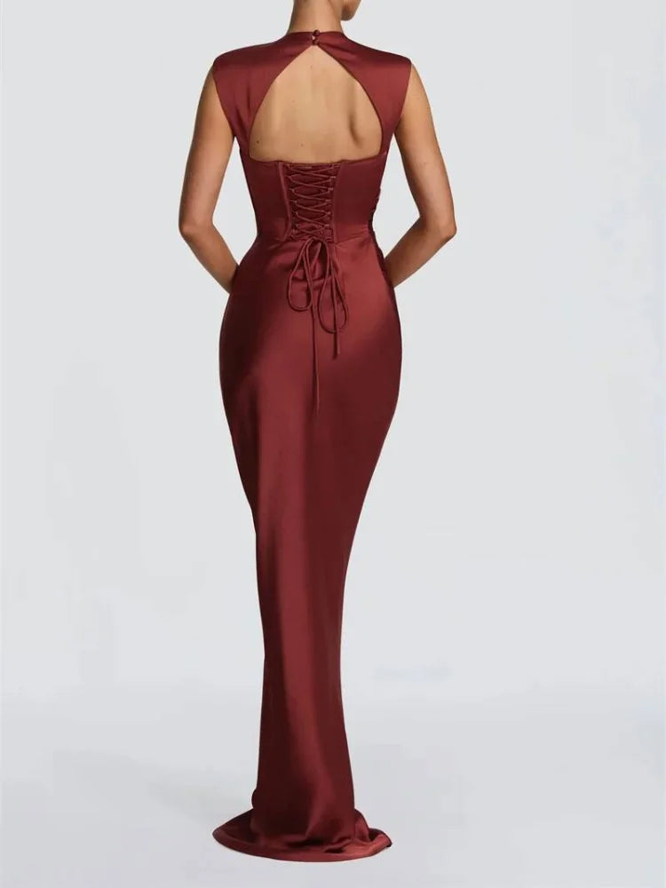 Women Fashion Solid Pleated Halter Dress Waist-cinching Sleeveless Backless Split Maxi Dresses 2026 Sexy Summer Lady Party Gowns