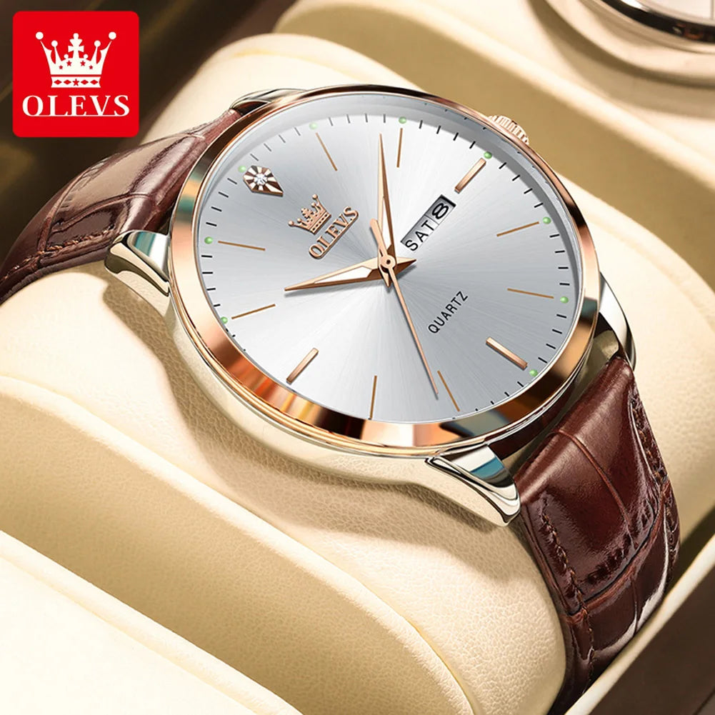 OLEVS 2935 Business Casual Men's Watch Waterproof Leather Strap Luxury Brand Date Week Temperament Trend Quartz Men's Watch