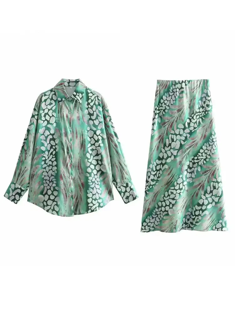 HH 2025 Spring Women Fashion 2 Piec Suits Satin Lapel Loose Woman Shirt Top + Vintage Folds Holiday Style Female Skirt