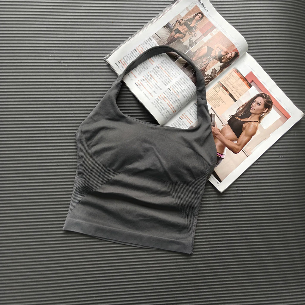 1DF-CY Women Seamless Halter Yoga Crop Top High Elastic Sports Bra Fitness Workout Gym Running Breathable Activewear Tank Top