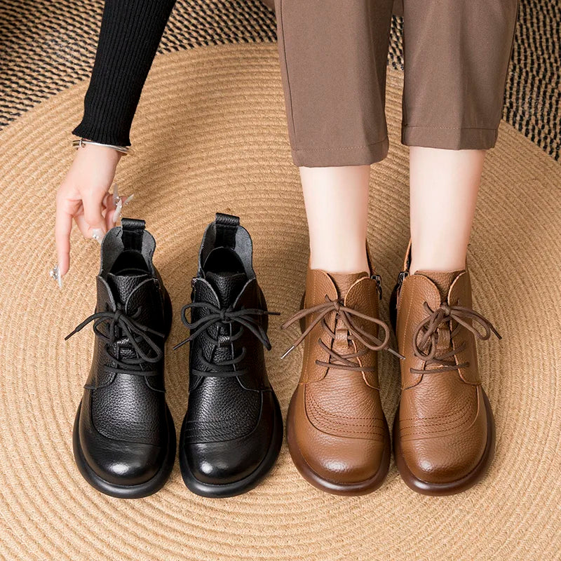 GKTINOO Women Autumn Boots Cowhide Ankle Boots 2025 Winter Retro Casual Genuine Leather Mother Boots Fur Keep Warm Low Heel 41