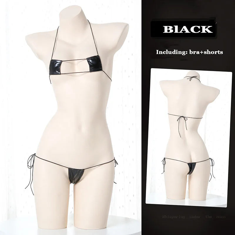 Summer Beach Womens Micro Mini Bikini Set Women Sexy Underwear Temptation Leather Lace-Up Bra Outfit Costumes Cosplay Swimsuit