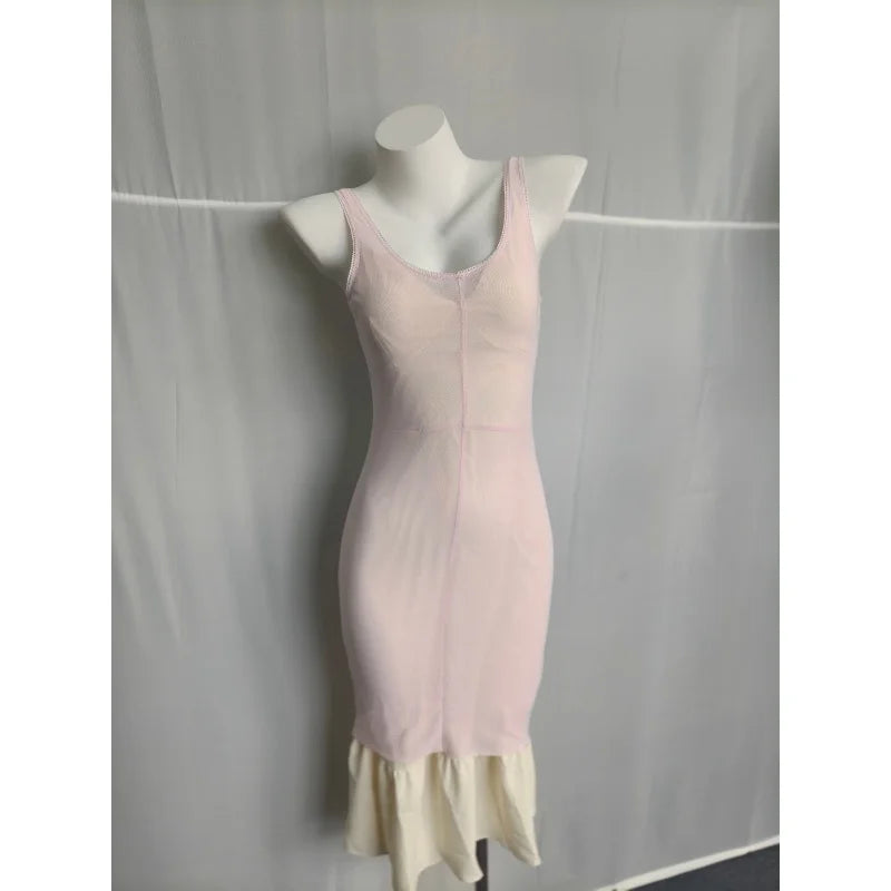 Sheer Mesh Overlay Lace Hem Slip Midi Dress Slim Spaghetti Strap 2026 Summer Elegant Women Bodycon Dress Trendy Date Lady Gown