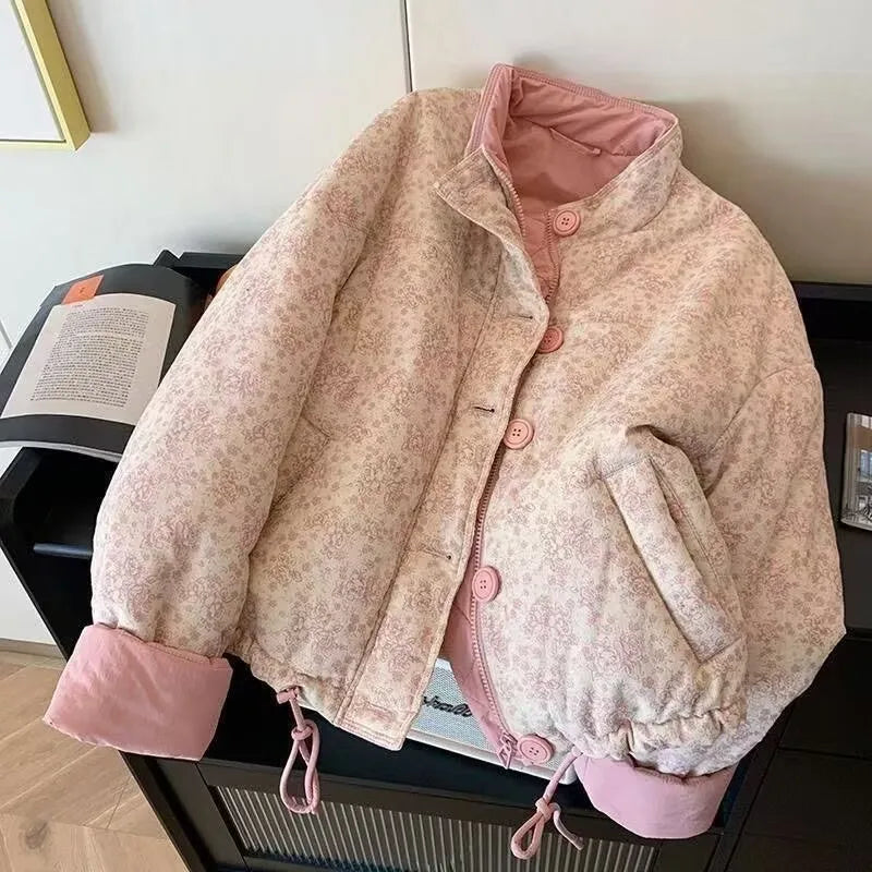 Blue Printed Stand Up Collar Cotton Jacket For Women's Winter 2024 New Casual Loose Korean Version Sweet Warm Cotton Jacket