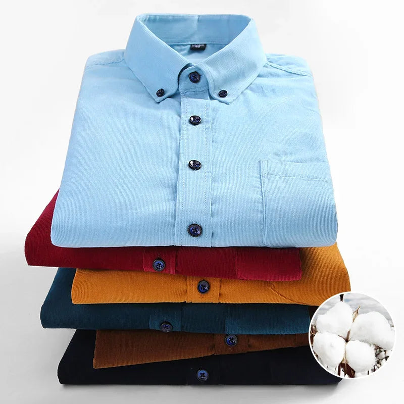 Cotton Corduroy Shirt Long Sleeve Winter Regular Fit Mens Casual Shirt Warm S~6xl Solid Men's Shirts with Pokets Autumn Quality