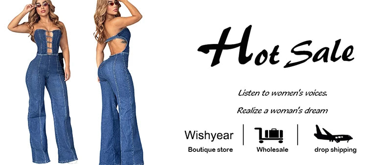 Sexy Off Shoulder Backless Denim Women's Jumpsuits High Waist Hollow Out Wide Leg Pants Jeans Bodysuit Summer Female Outwears