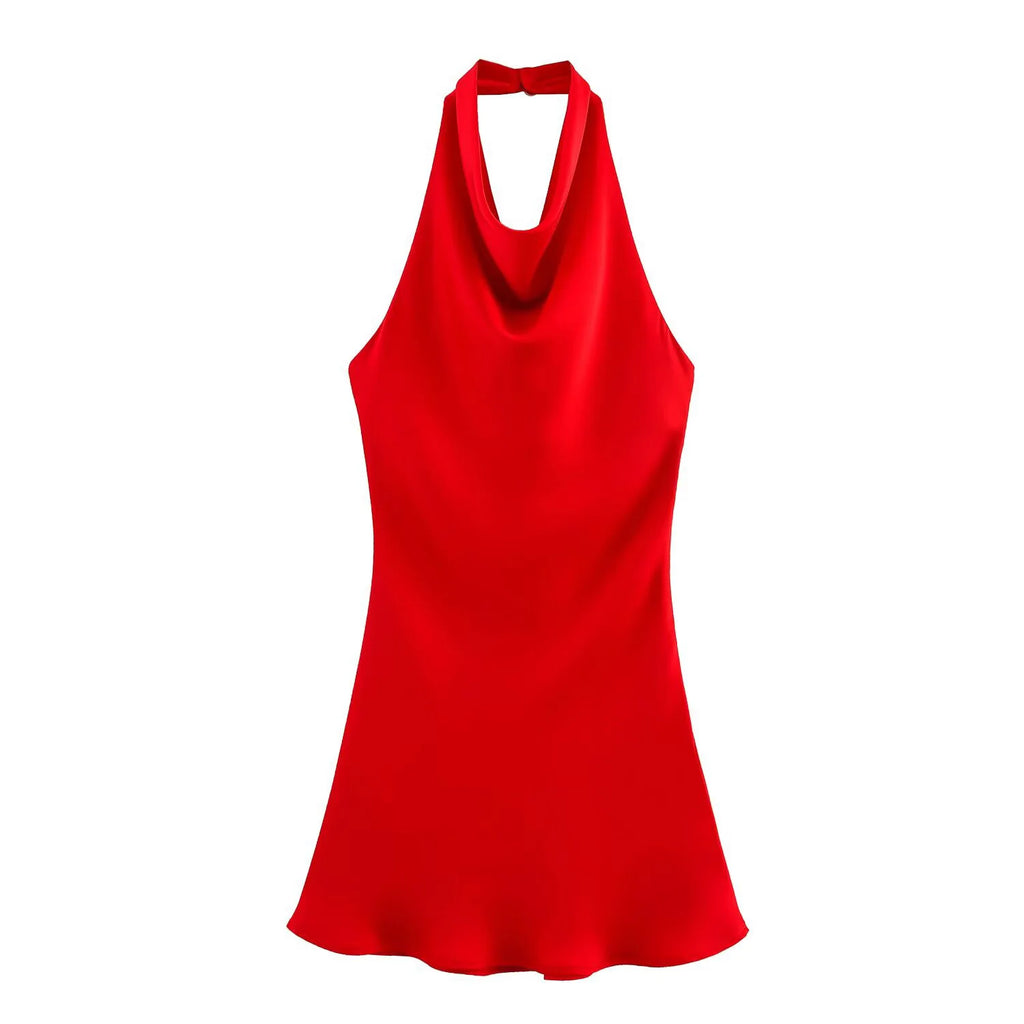 2025 Summer New Women's Clothing Simple Temperament Fashionable And Sexy Backless Silk Satin Texture Hanging Neck Dress