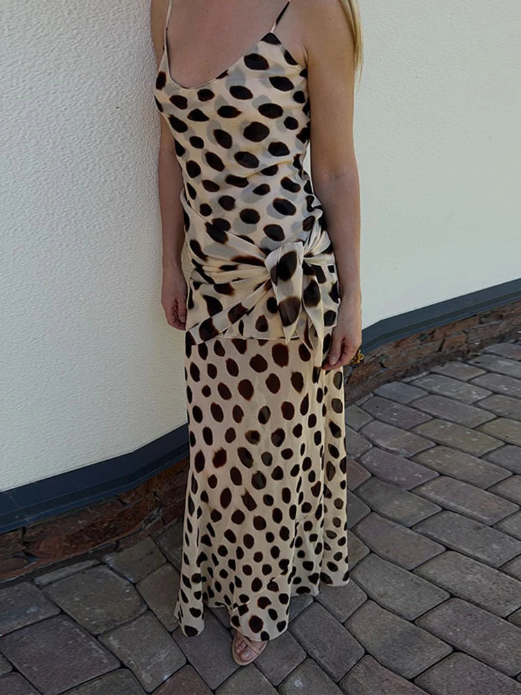 Vintage Print Maxi Dress Square Neck Spaghetti Strap Sleeveless Off Shoulder Detachable Wrap Tie Sash Dresses 2026 Chic Outfits