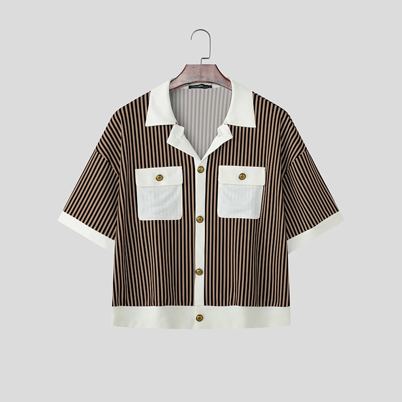 INCERUN Men Shirt Striped Patchwork Lapel Short Sleeve Casual Men Clothing Summer Color-block Fashion Leisure Tops Male Shirts
