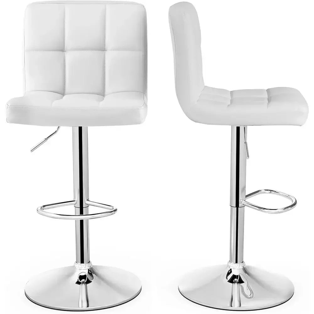 Set of 2 Adjustable Swivel Bar Stools with Backrest and Footrest, White Leatherette, Suitable for Kitchen Island or Home Bar