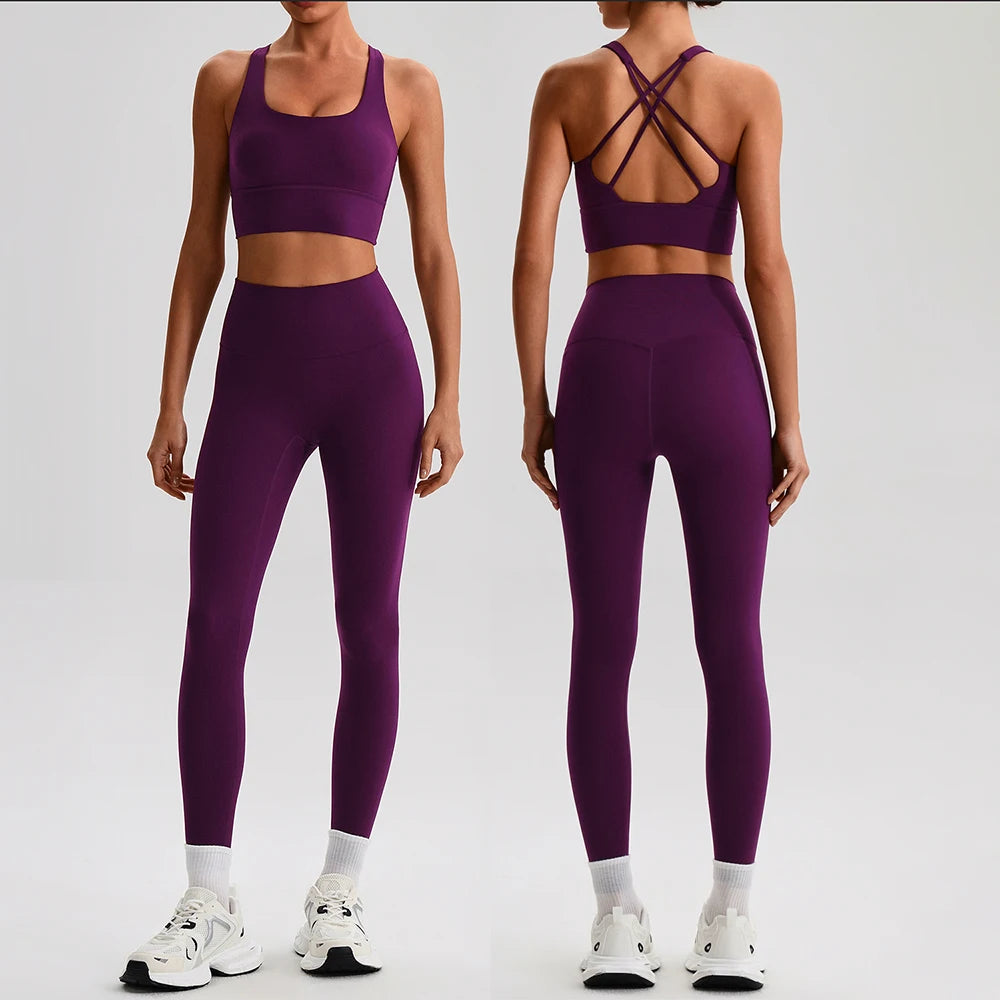 Naked Feel Yoga Set Women Fitness Sportswear 2 Piece Strappy Sports Bra High Waist Gym Leggings Workout Outfit Active Wear