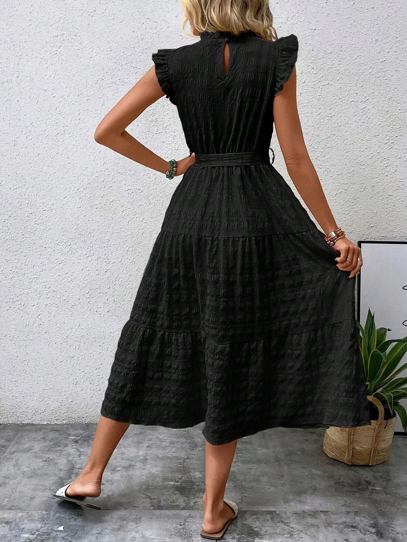 Elegant Women's Summer New Fashion Wooden Ear Edge Flying Sleeve Lace Up Texture Dress Purple  Sleeveless Lace Up Long Dresses