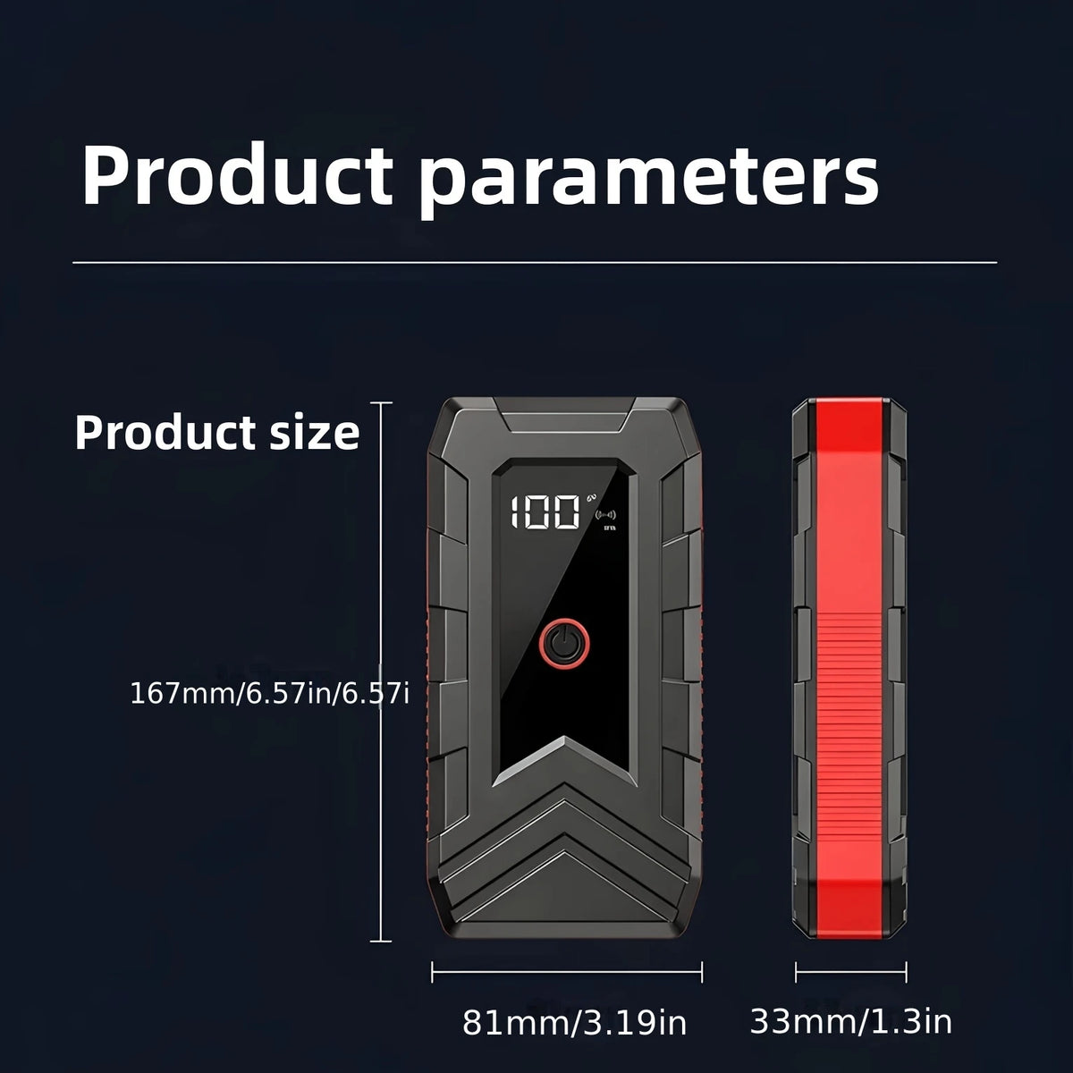 Portable Car Jump Starter with Digital Tire Inflator, Compatible with 12V Cars, Trucks, SUVs, RVs and Motorcycles. This Multi-Functional Jump Box Comes with an LED Display and 3-Mode Strobe Light.