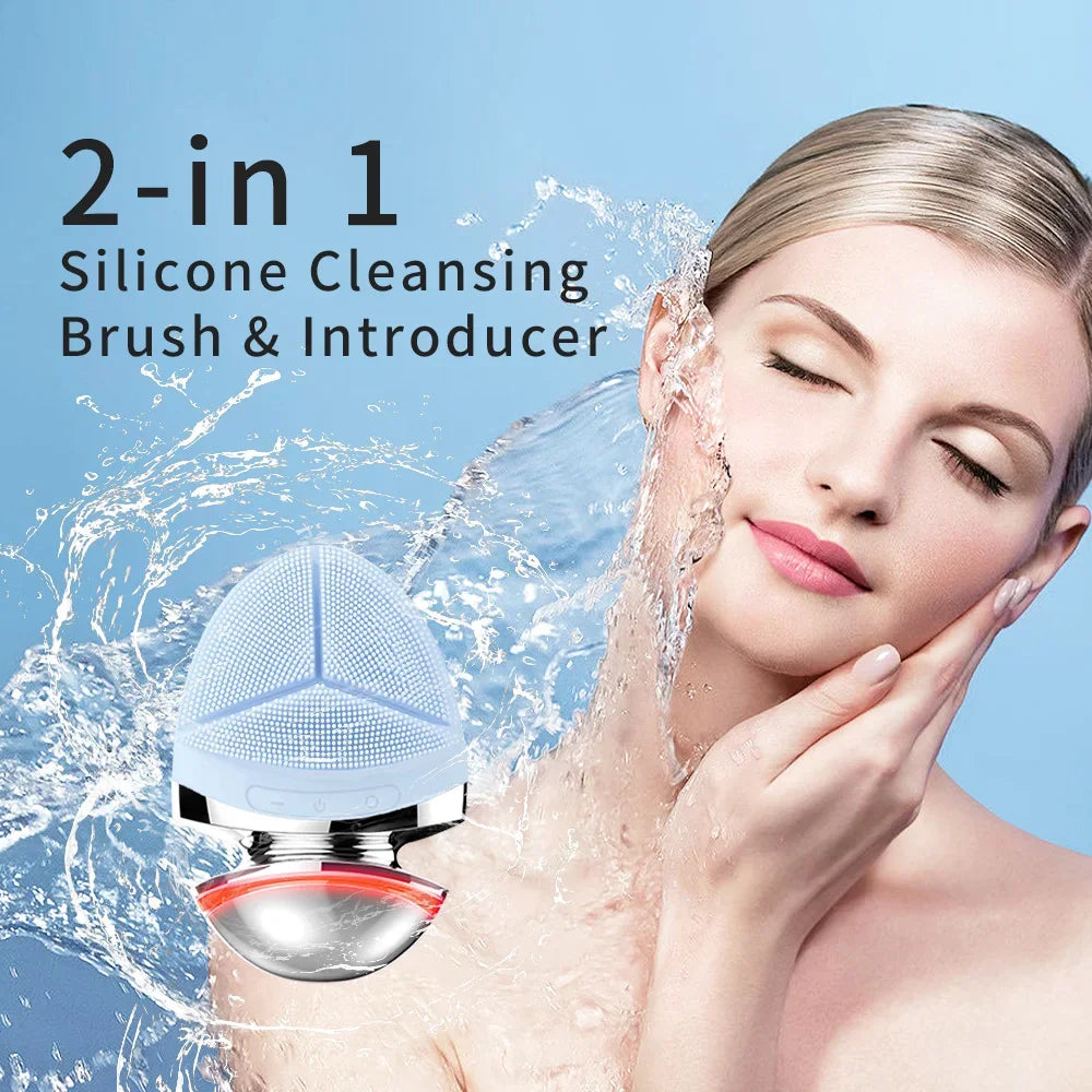 2 in 1 Electric silicone EMS LED 3 Modes Facial Cleansing Brush Introducer Beauty Device Ultrasonic Face Cleaning Massage Tool