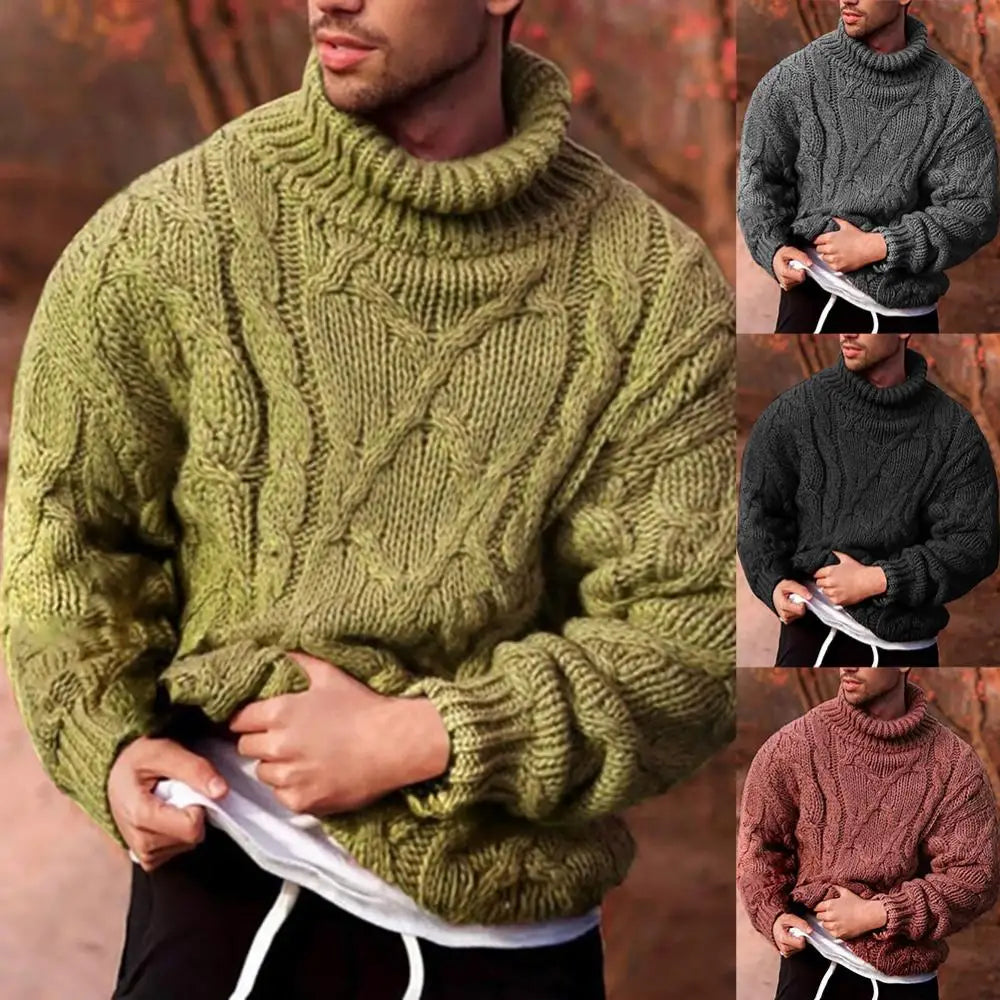 Fashion Cotton Winter Sweater Solid Color Autumn Warm Slim Fit Men Pullover Men's Twist Braid Knit Turtle-Neck Jumper свитер