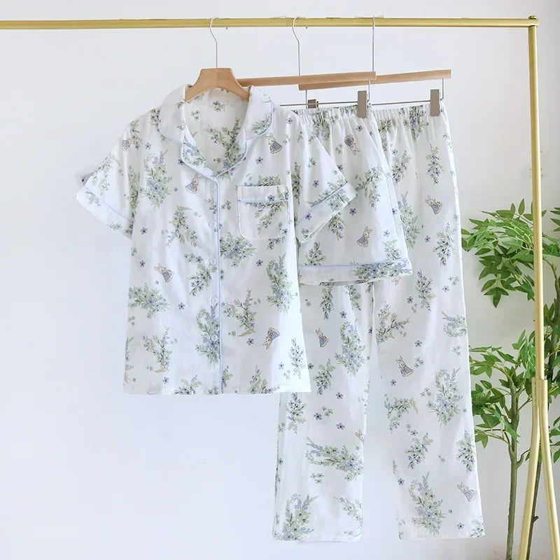 Three-piece Japanese-style pajamas women spring and summer autumn 100% cotton gauze short-sleeved shorts trousers summer suit ho