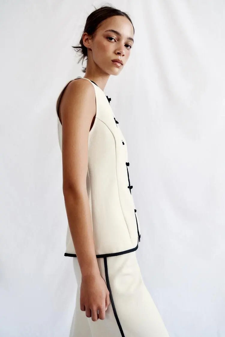 No-Sleeve round Neck Rope Knot Top with Wide Leg Pants Straight Cut Color Block Design Women's Fashion Set Autumn Collection