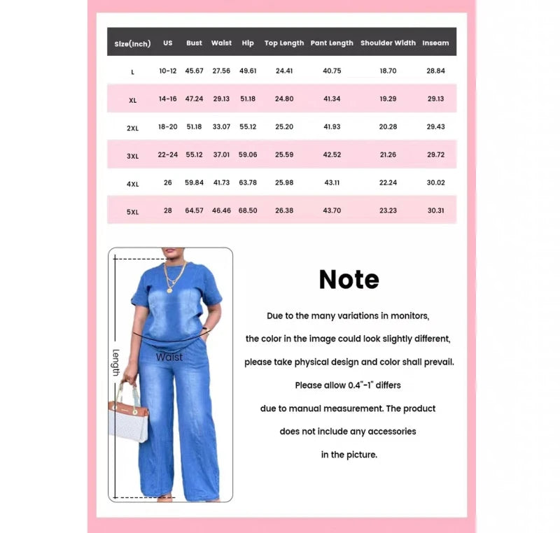 Fashion Women Two Piece Sets Denim Round Neck Short Sleeve Tops Casual Loose Wide Leg Long Pants Set High Waist Y2k Streetwear