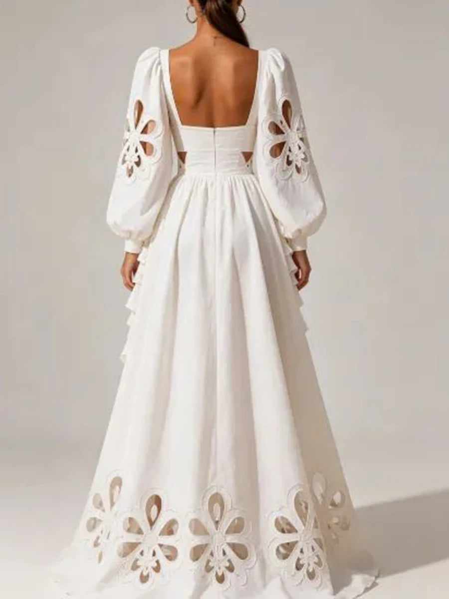 VGH Fashion Style White Cutout Floral Accent Gown for Women Square Collar Puff Sleeve Asymmetric Train Skirt for Beach Elopement