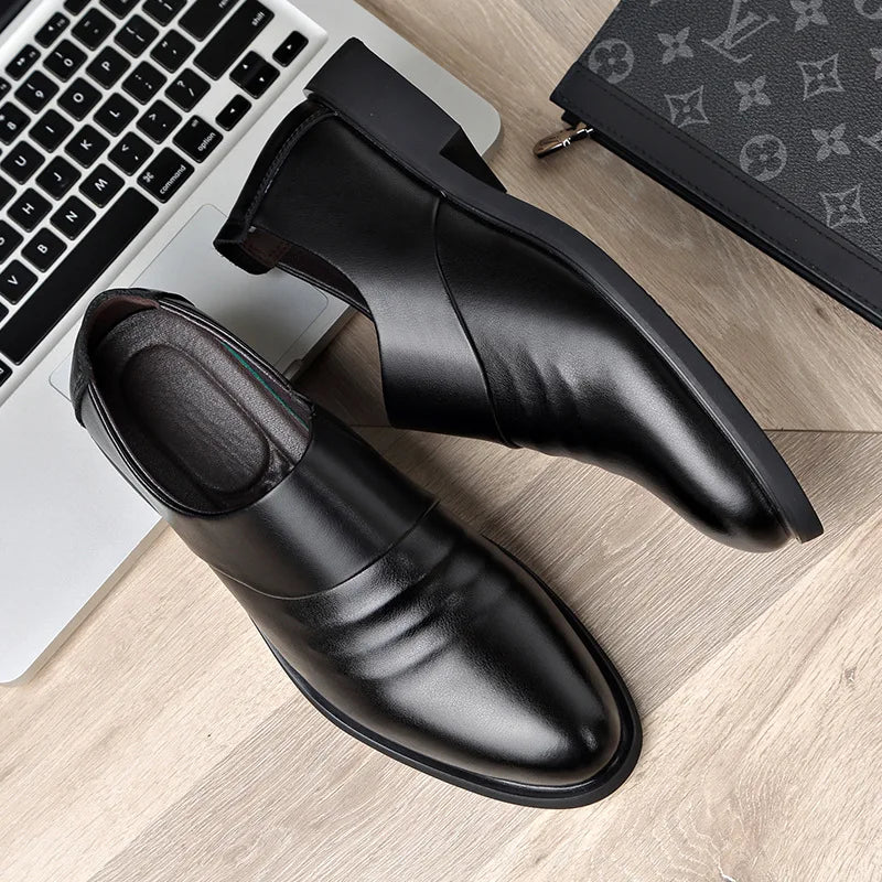 Spring Autumn Cow Leather Shoes for Men Fashion Casual Increase New Designer Men's Dress Shoes Black Platform Shoes Male
