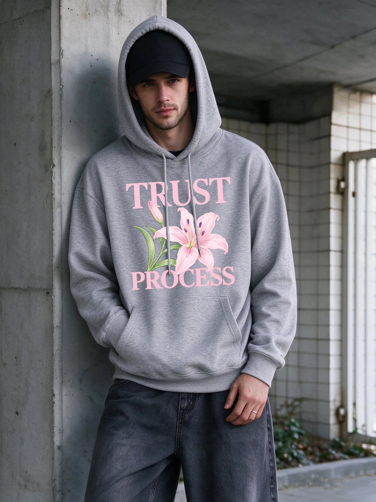 Trust Process Hibiscus Print Men Basic Hoody Casual Pocket Tops Hip Hop Loose Pullover Autumn Fleece Unisex Simple Long Sleeve