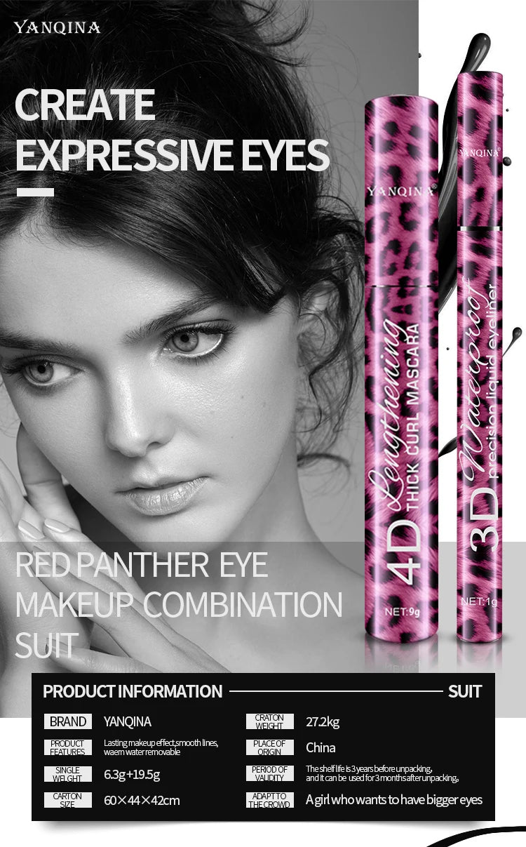 2Pcs 4D Mascara + Liquid Eyeliner Set, Waterproof Sweat-Proof Smudge-Proof, Lengthening Thickening Curling Long Lasting Eye Make