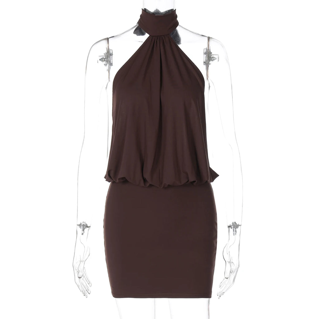 Hugcitar Fashion Halter Solid Sleeveless Backless Bandage Ruched Sexy Slim Mini Dress Summer Clothes Party Vacation Club