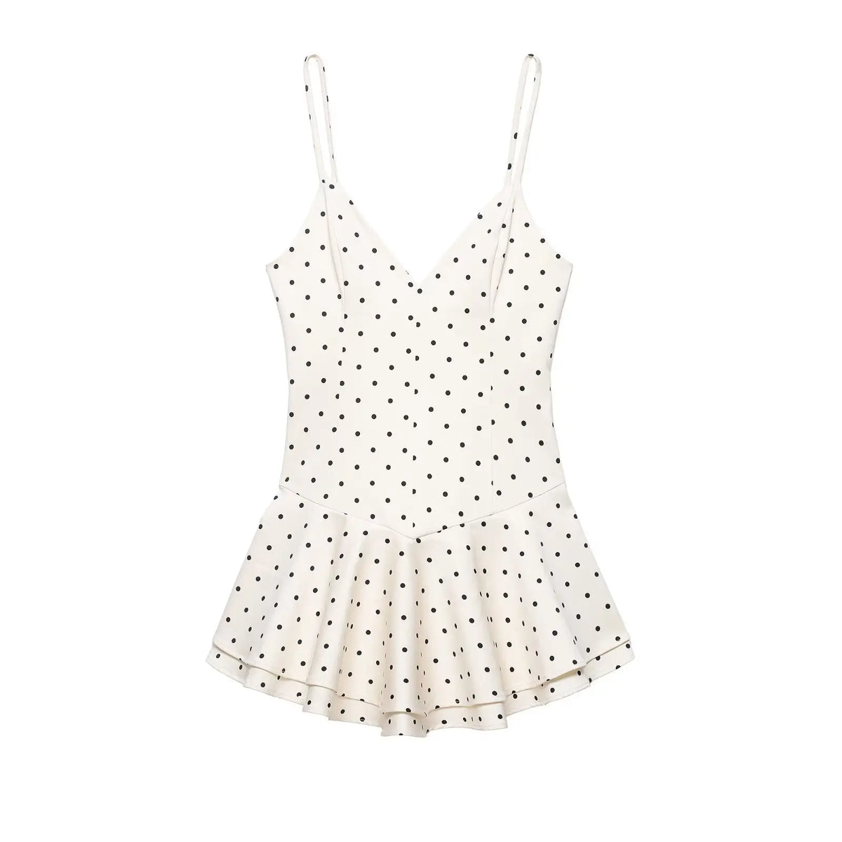 HH Women Elegant Spaghetti Strap V-Neck Dress Fashion Polka Dot Print Slim Fit White Ruffle Dress 2026 Summer Sexy Beach Wear