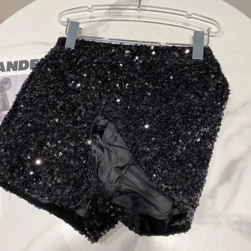 Spring/summer new Spice Girls sequin zipper shorts Slimming suede embroidered beaded casual pants