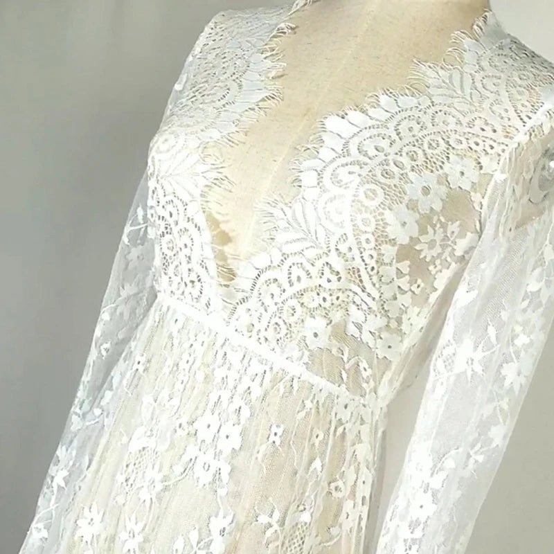 Sexy Women See-through V-Neck White Lace Floral Long Sleeve Hemline Slip Sun Dress Female Nightclub Party Camisole