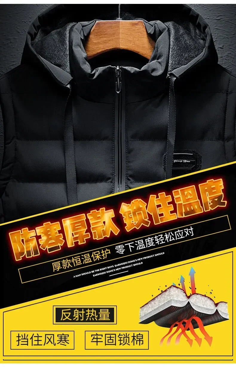 Fashion Warm Hooded Male Winter Vest Light Plus Size Mens Work Vest Waistcoat Hooded New Fleece Autumn Sleeveless Jacket for Men