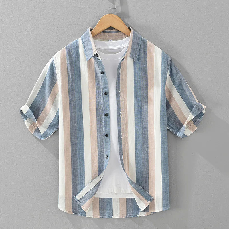 Summer New Linen and Lyocell Cooling Striped Half Sleeve Shirt for Men Casual Turn-down Collar Shirt  EC1292