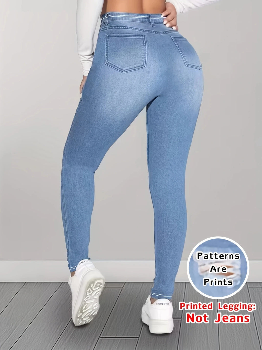 Women Printed Leggings Not Denim Fabric, Fake Pocket & Button Print Design Pants, High Elastic Fashion Slim Fit Skinny Casual