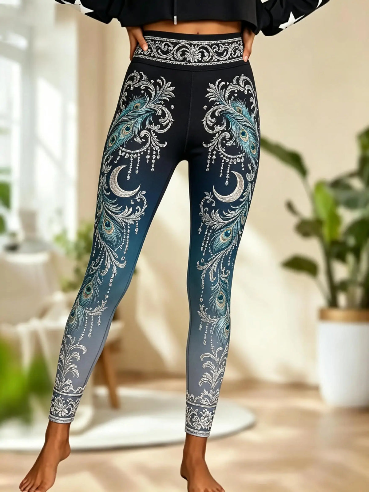 Women Fleece‑lined Mid‑rise Leggings Ombre Gradient Peacock Feather Crescent Moon Floral Ornate Border Print Slim Stretch  Pants