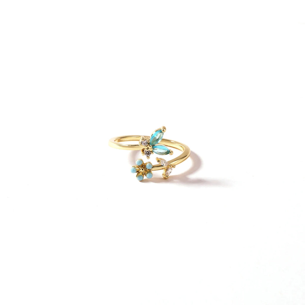 Vintage Blue Crystal Bow Knot Rings Women Gold Plated Open Adjustable Ring Sweet Heart Zircon Pearl Finger Ring Fashion Jewelry