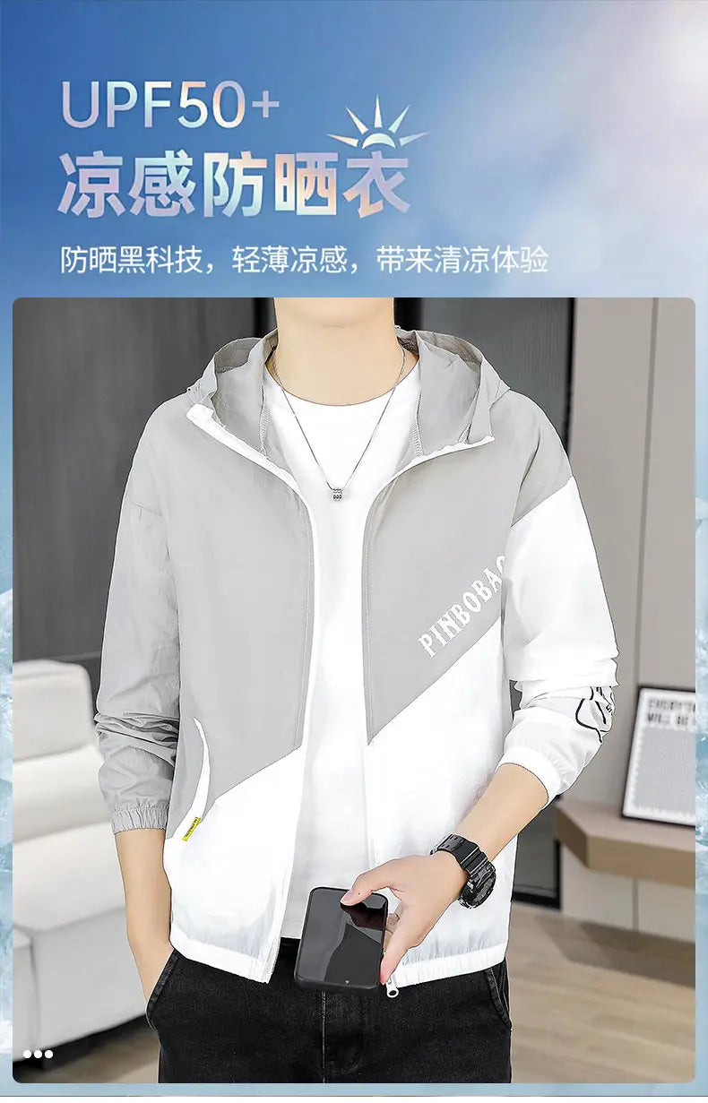 Men's Hooded Sun Protection Clothing Fashion Summer Thin Ice Silk Hiking Jacket Outdoor Sun Shade Coat UV Protection Windbreaker