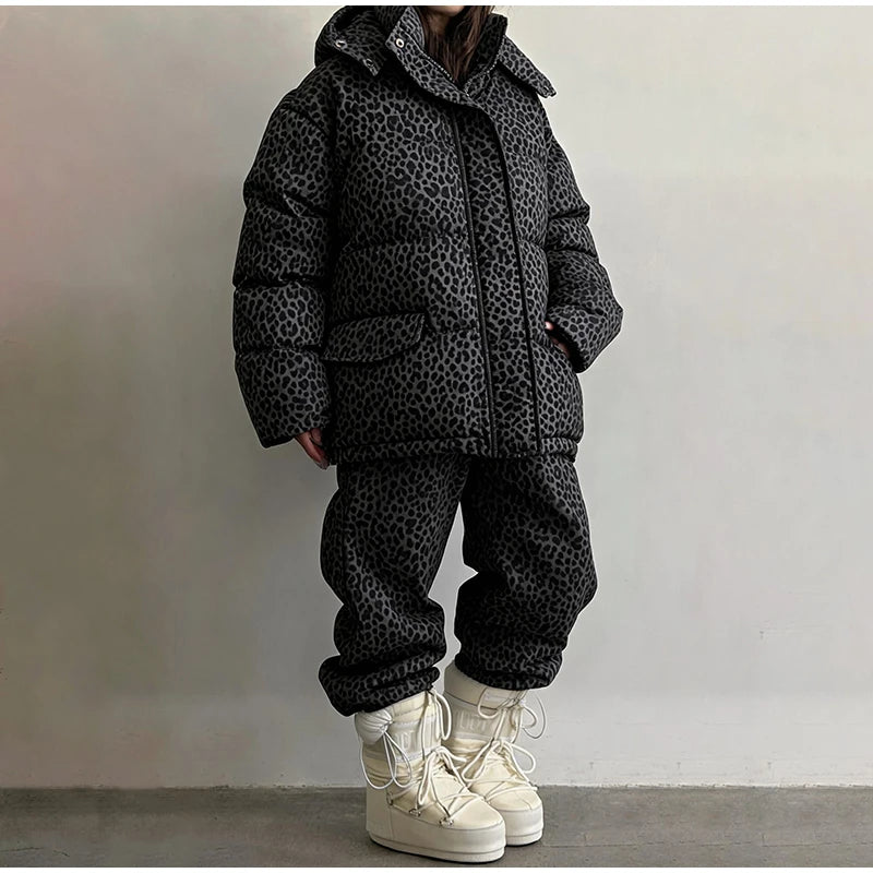 Leopard Print Women's Winter Down Jacket Pant Set Hooded Full Sleeve Zipper Jacket Elastic Waist Pants 2026 Warm Padded Coat Set
