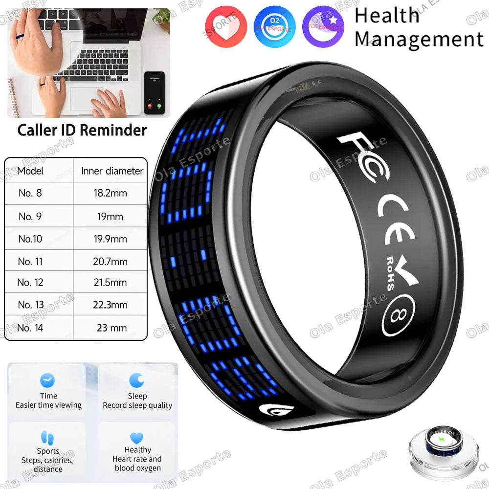 Call ID Reminder Smart Ring Display Screen Touch,Tasbih Counter,Health Manager,5ATM Waterproof Multiple Sport Mode MenWomen HT30