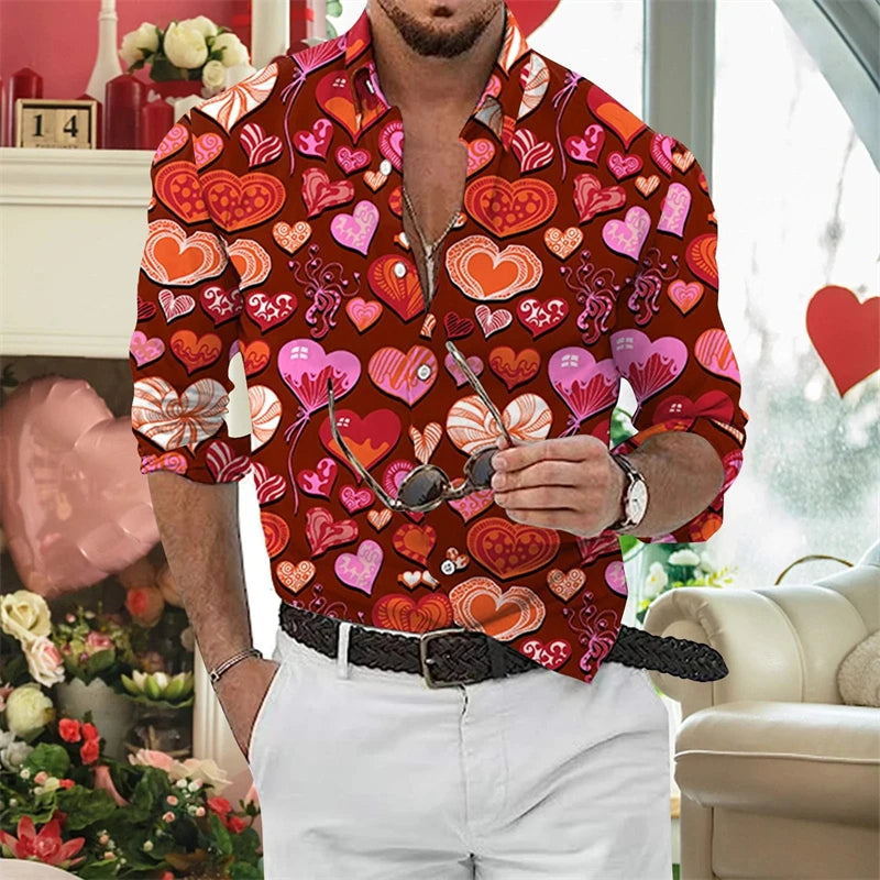 Valentine'S-Day Men Long Sleeve Shirts Couple Blouses 3D Print Love Heart Graphic Casual Lover Tops Festive Vacation Men Clothes