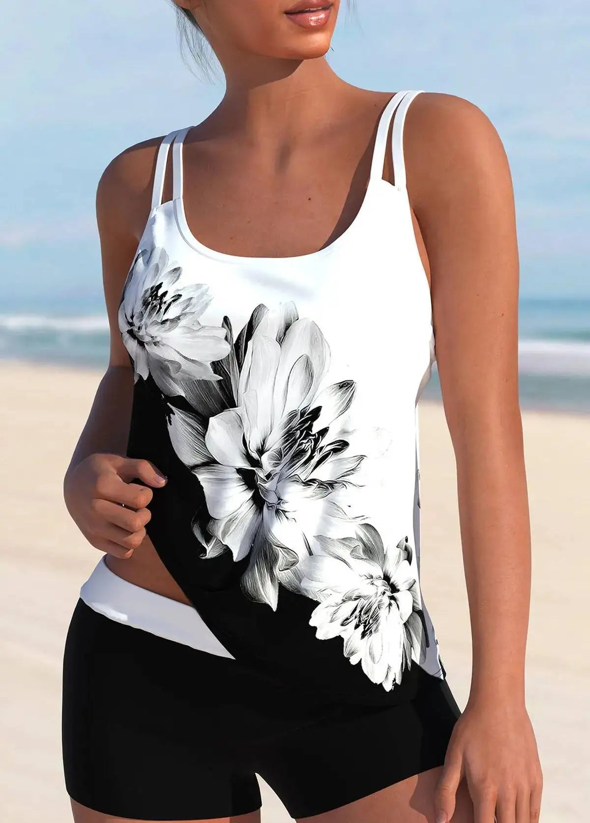 Women's Double Strap Floral Print Tank Top Knit Fitted Top Boho Tank Top Spring Summer Beach Tank Top Daily Lightweight Top