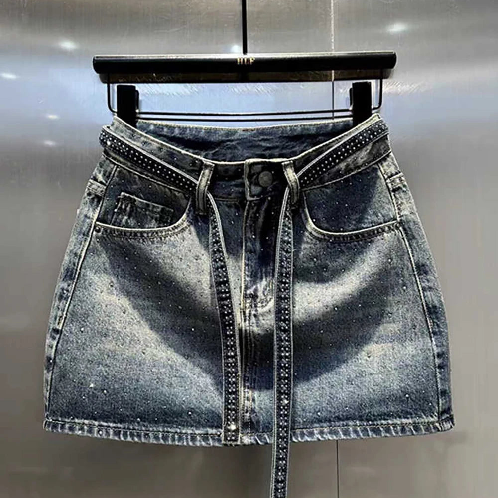Oversize Retro Diamond Denim Mini Skirt for Women Summer High Waist Shiny Rivet Slim Skirts Gradient Black Grey Jean Skirts
