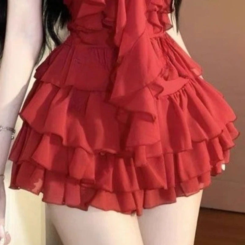 Sexy Ruffled Slim Fit Halter Women's Tops Mini Skirt 2 Piece Set Hot Girl Style Design Fashion Chic Party Evening Party New
