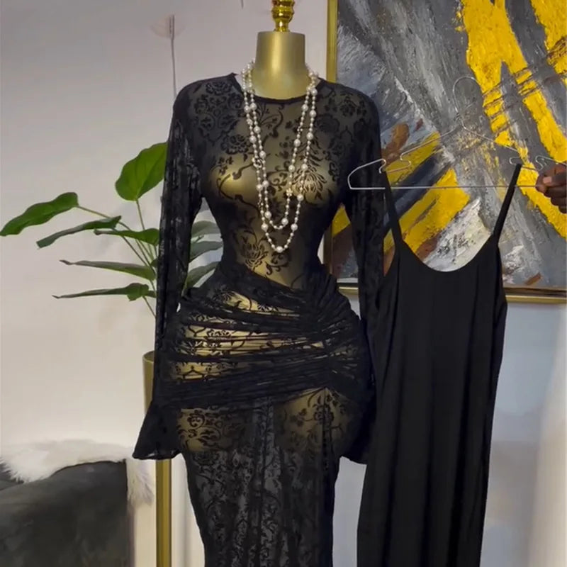 CM.YAYA Women Long Sleeve Ruched Mesh See Though with Lining Bodycon Long Dress 2025 Fall Evening Birthday Sexy Party Dresses