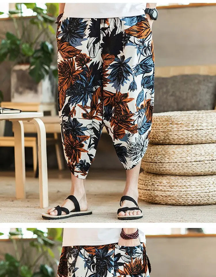 Men's Casual Cotton Linen Seven-Foot Pants Summer plus Size Lantern Loose Fit Shorts Harlan Style Comfortable Breathable Leis...